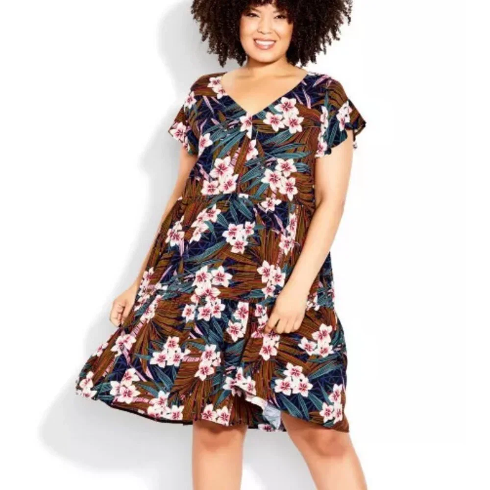 Loralette Floral Palm Tiered Flutter Sleeve Dress 20
